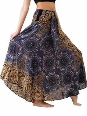 Bohemian Print Flowing Maxi Skirt - Multi/Gold